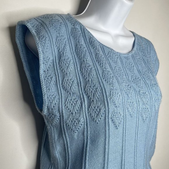 Vintage 80s Keneth Too Baby Blue Pointelle Knit Cap Sleeve Sweater - Picture 4 of 8